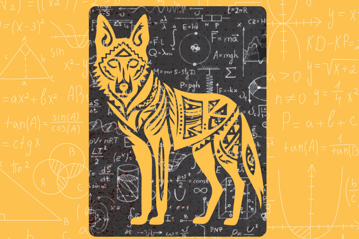 Yellow background with mathematical equations and a coyote outlined in black