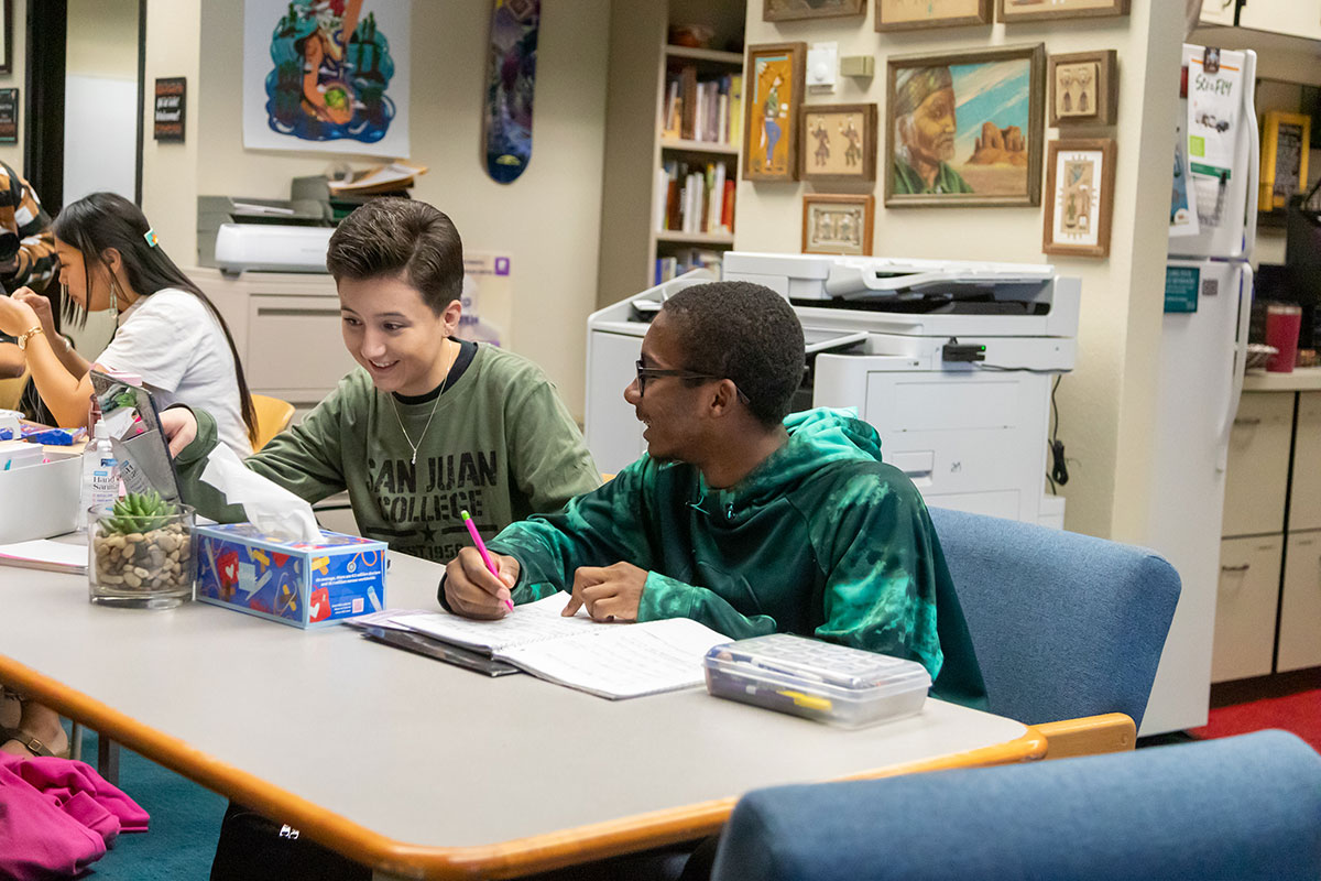 Two students sitting together in front of a laptop doing a training