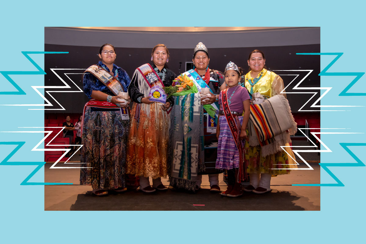 Group of women in their traditional clothing for the Ms. Indigenous at San Juan College
