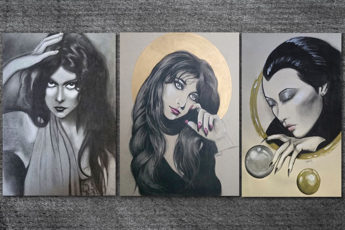 Paloma Baron's artwork of three women in black and white