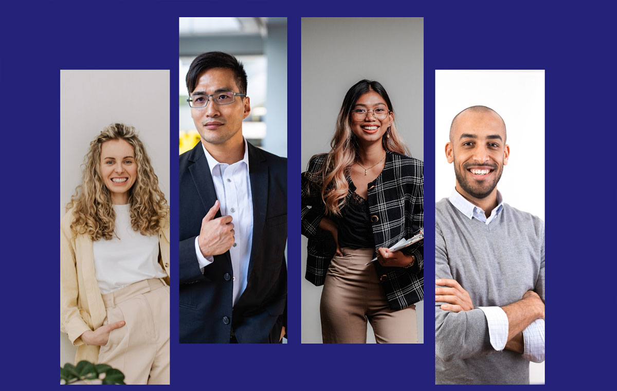 Purple background with images of four professionals in business attire