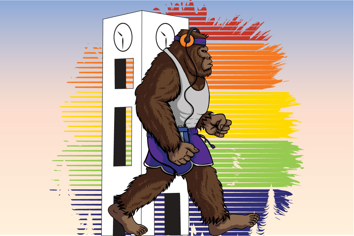 San Juan College Clock Tower with a Sasquatch wearing headphones, a grey shirt and purple shirt walking with Red orange yellow green and purple stripes in the background.