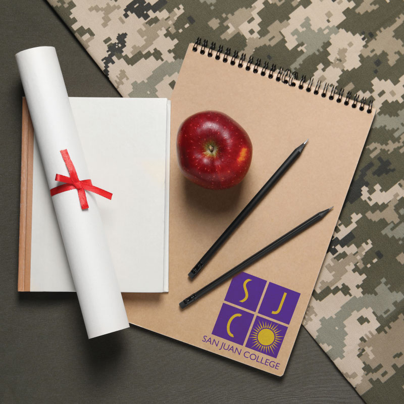 Notebook, pens, apple and diploma on display