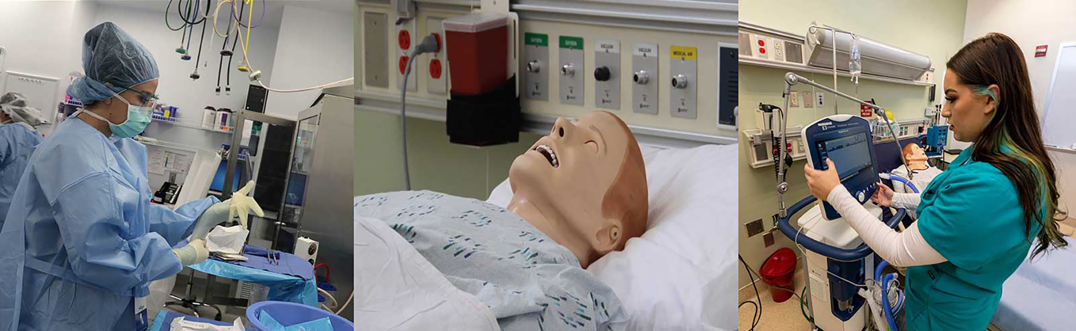 Students working in Simulation Lab and manikin lying in hospital bed.