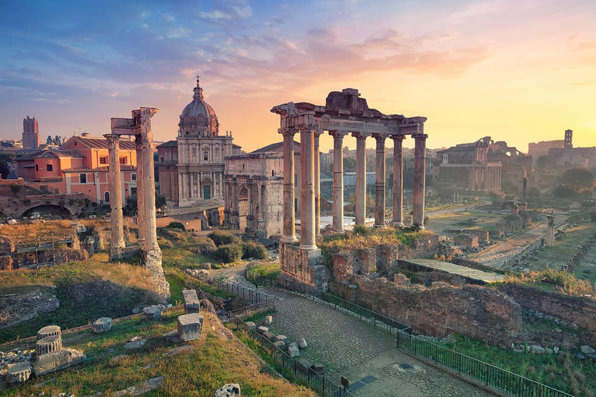 Roman Forum in Rome, Italy during sunrise.