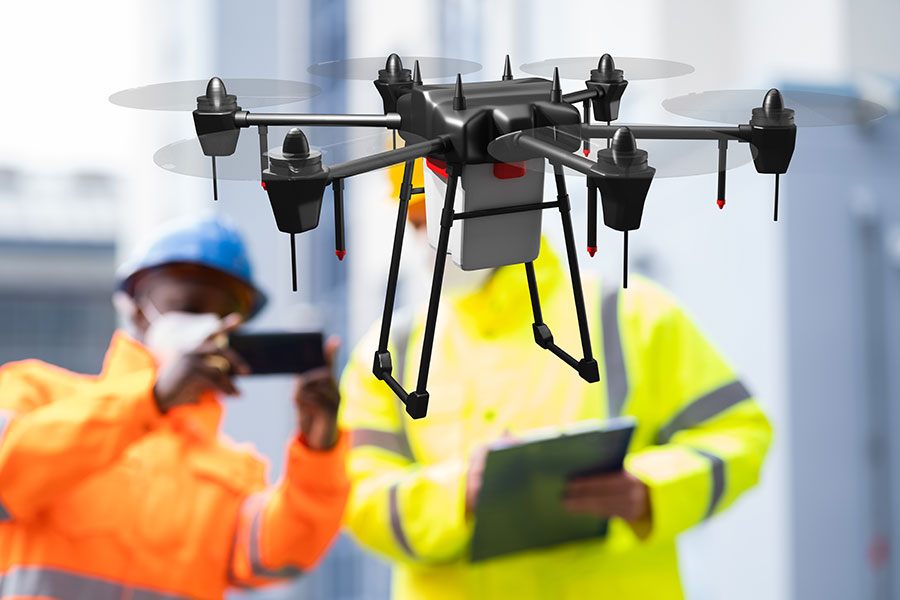 A drone flying in the air with two people dressed in orange and yellow work jumpsuits are in background