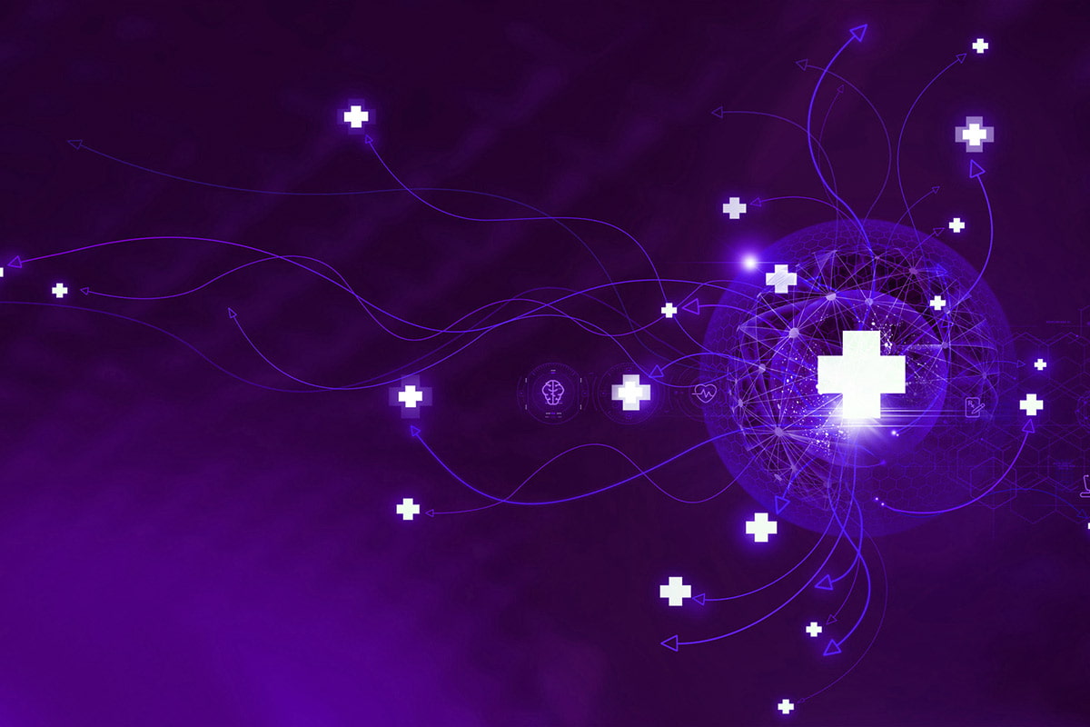 abstract purple graphic with medical crosses and other medical icons