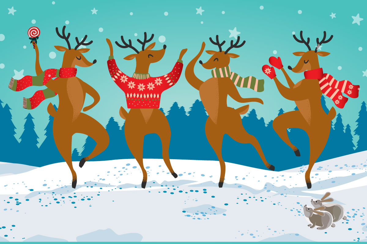 Four reindeer dancing with scarves on with a snowy background.