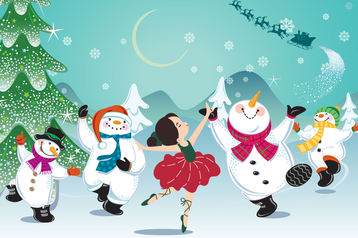 A snow background with a ballerina, and snowmen dancing