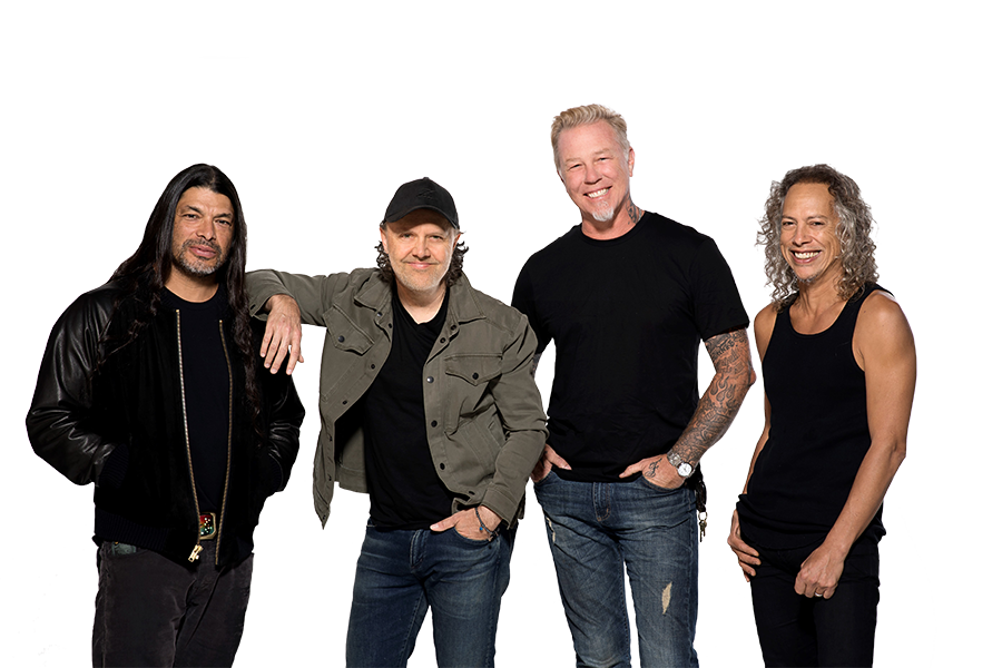 Metallica group standing and posing in a line facing the camera